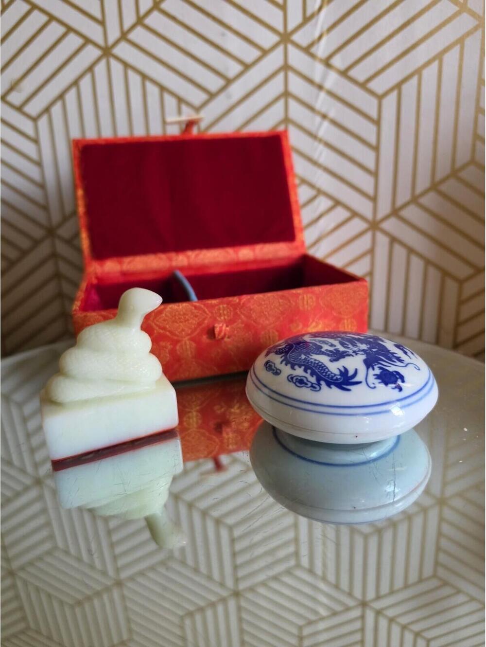 Vintage Chinese Snake Stamp Set w/ Carved Stone Chop & Ink Silk Brocade Box